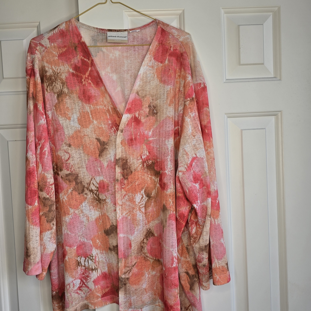 Alfred Dunner Pink Coral Brown Floral Open Front Cardigan